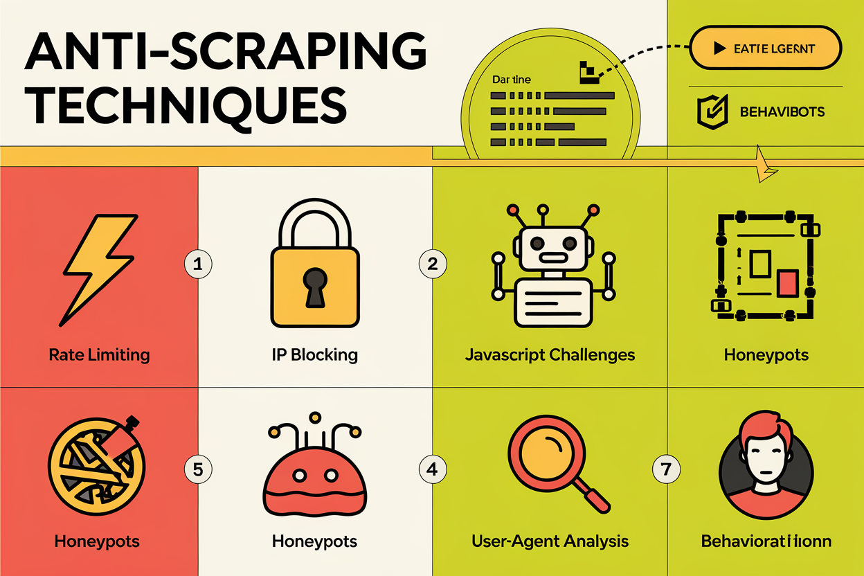 Explore the anti-scraping techniques websites use to detect and block bots. Learn about rate limiting, IP blocking, CAPTCHAs, JavaScript challenges, honeypots, and more in this comprehensive guide.